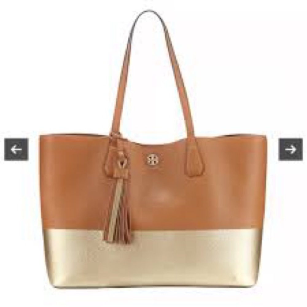 Tory Burch Perry Colorblock Pebbled Tote Bag in tan and gold